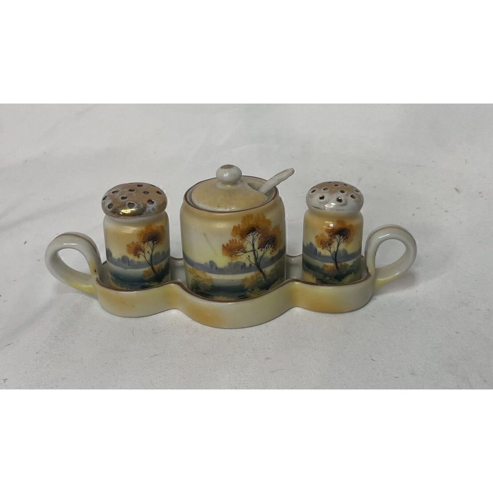 CONDIMENT SET Vintage NORITAKE Tray Salt Pepper Shakers Mustard Jam Pot Japan